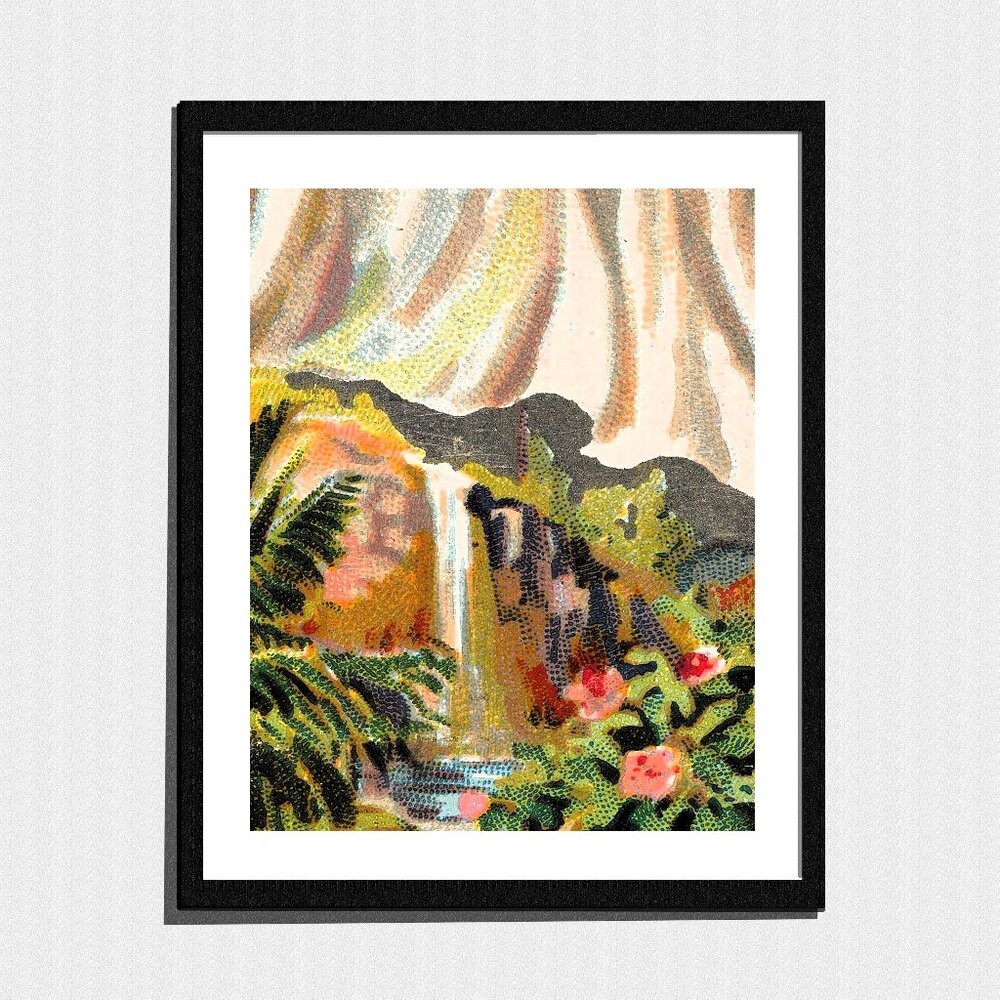 Art Print, Pointillism Tropical Waterfall Landscape